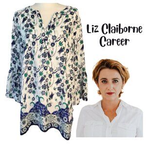 LIZ CLAIBORNE Career White & Blue Long Sleeve Floral Blouse - Women's XL